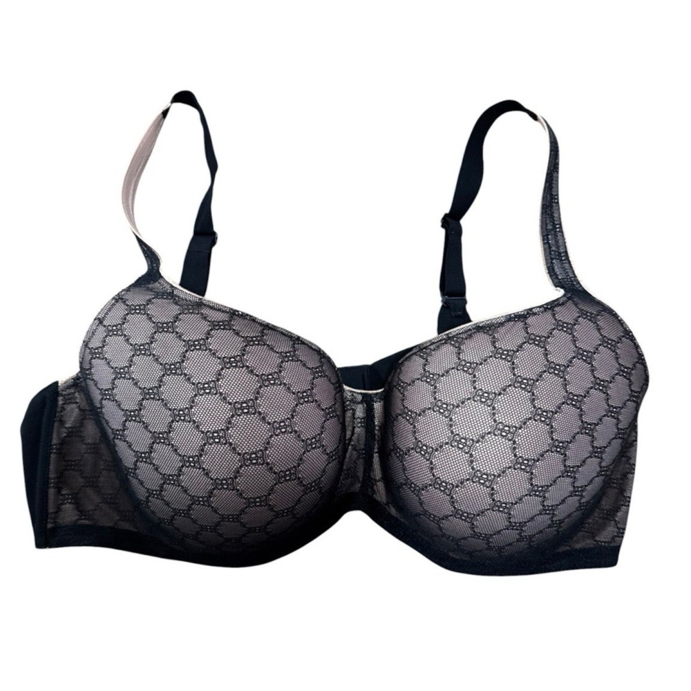 Soma Women's 42DD Stunning Support Geo Lace Balconette Bra Black Beige EUC‎